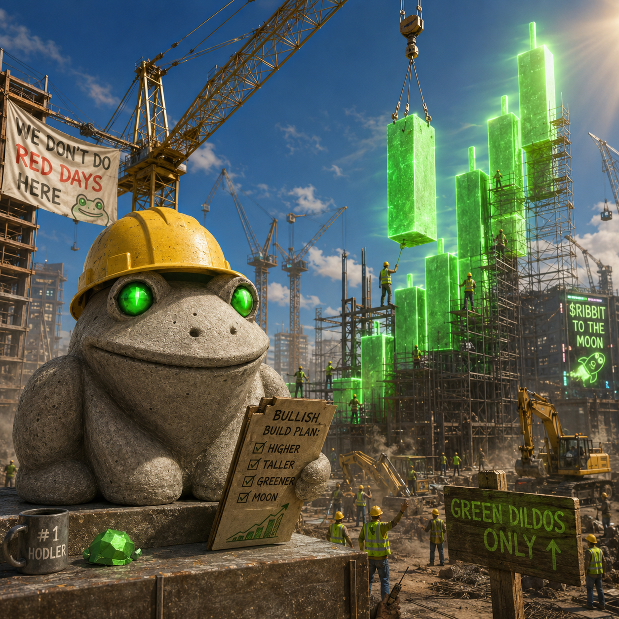 The Black Frock in a hard hat directing cranes that lift glowing green candles into the sky