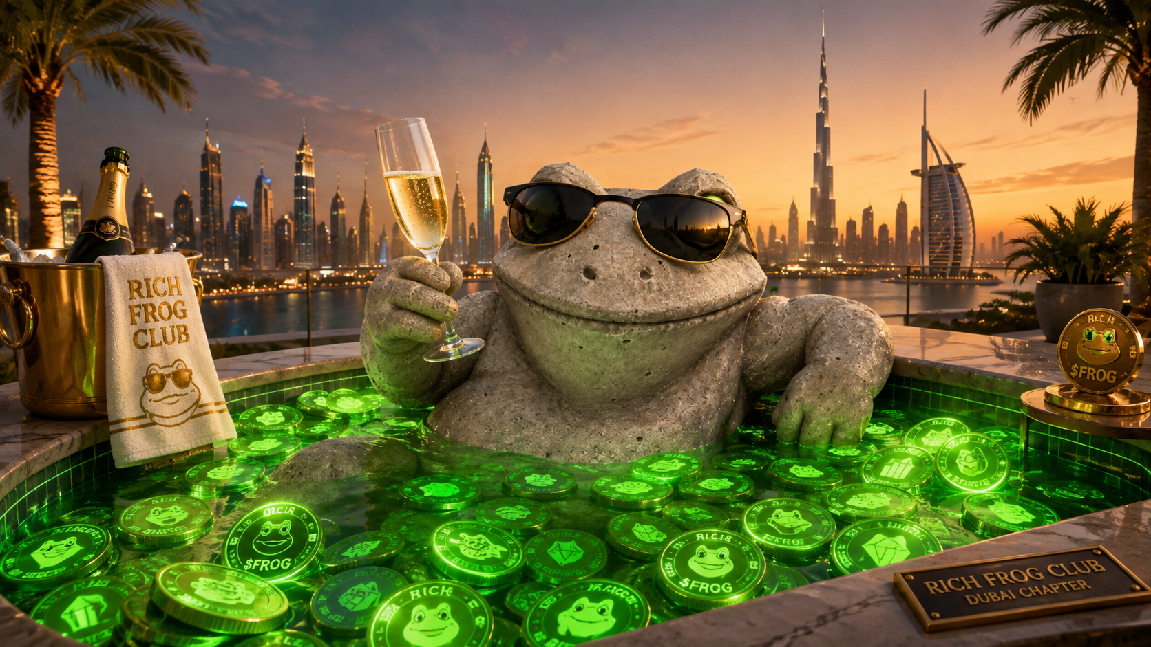The Black Frock in a rooftop hot tub full of glowing green coins with the Dubai skyline behind