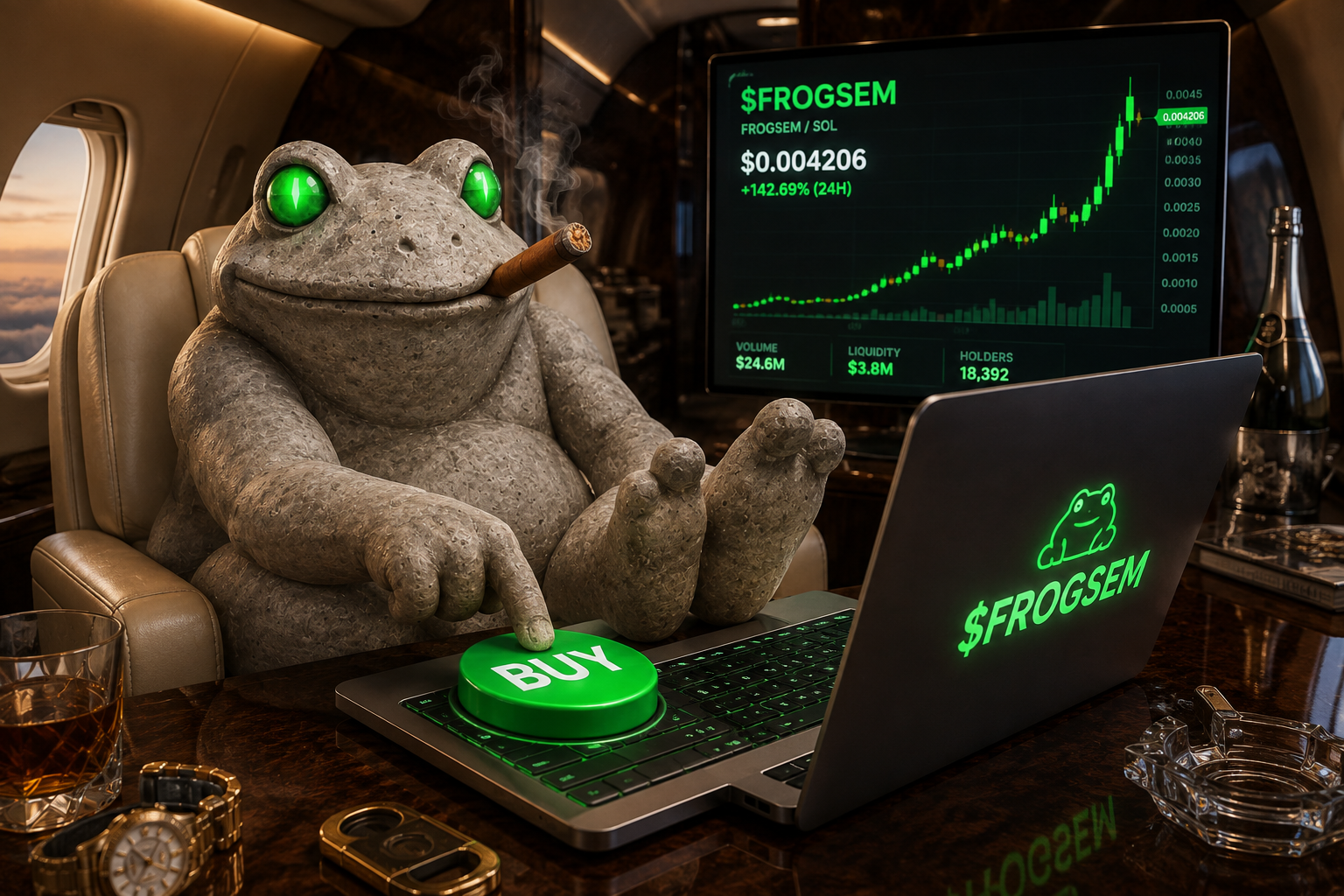 The Black Frock smoking a cigar on a private jet, pressing a green BUY button on a $FROCKSEM laptop while the chart runs up behind him