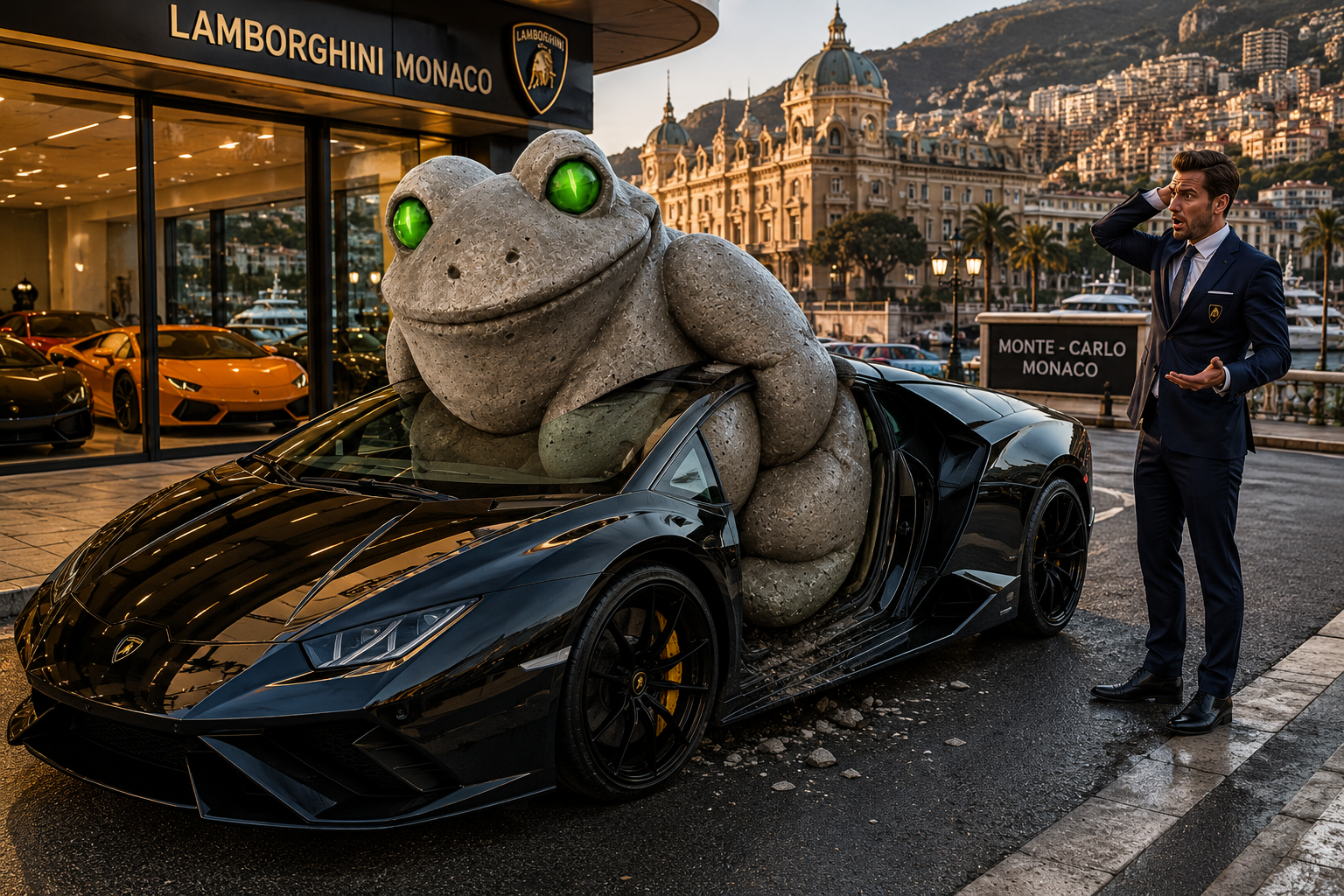 The Black Frock crushing a black Lamborghini outside a Monte-Carlo dealership