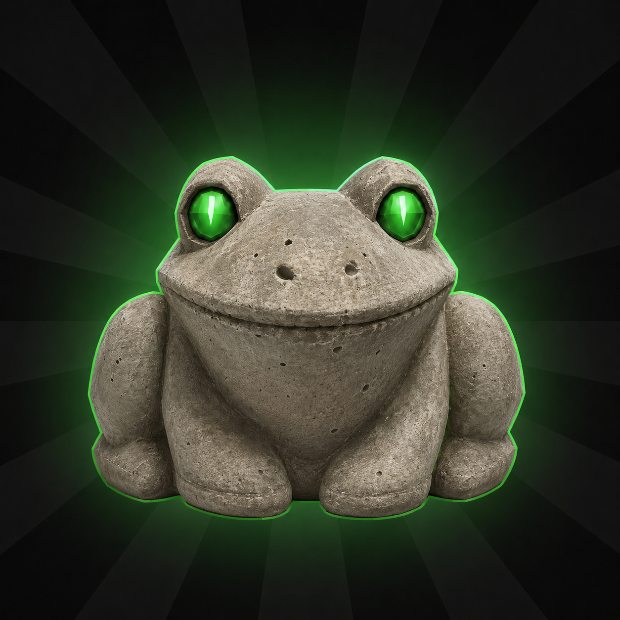 THE BLACK FROCK: a stone frog with glowing neon-green eyes
