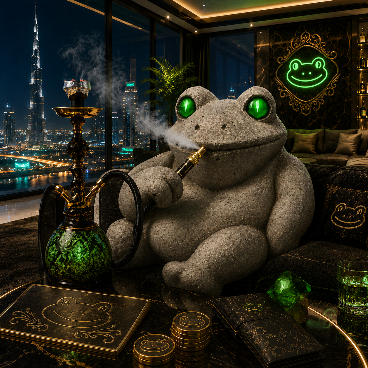 The Black Frock reclining in a dark penthouse with a hookah, neon green frog sign glowing behind