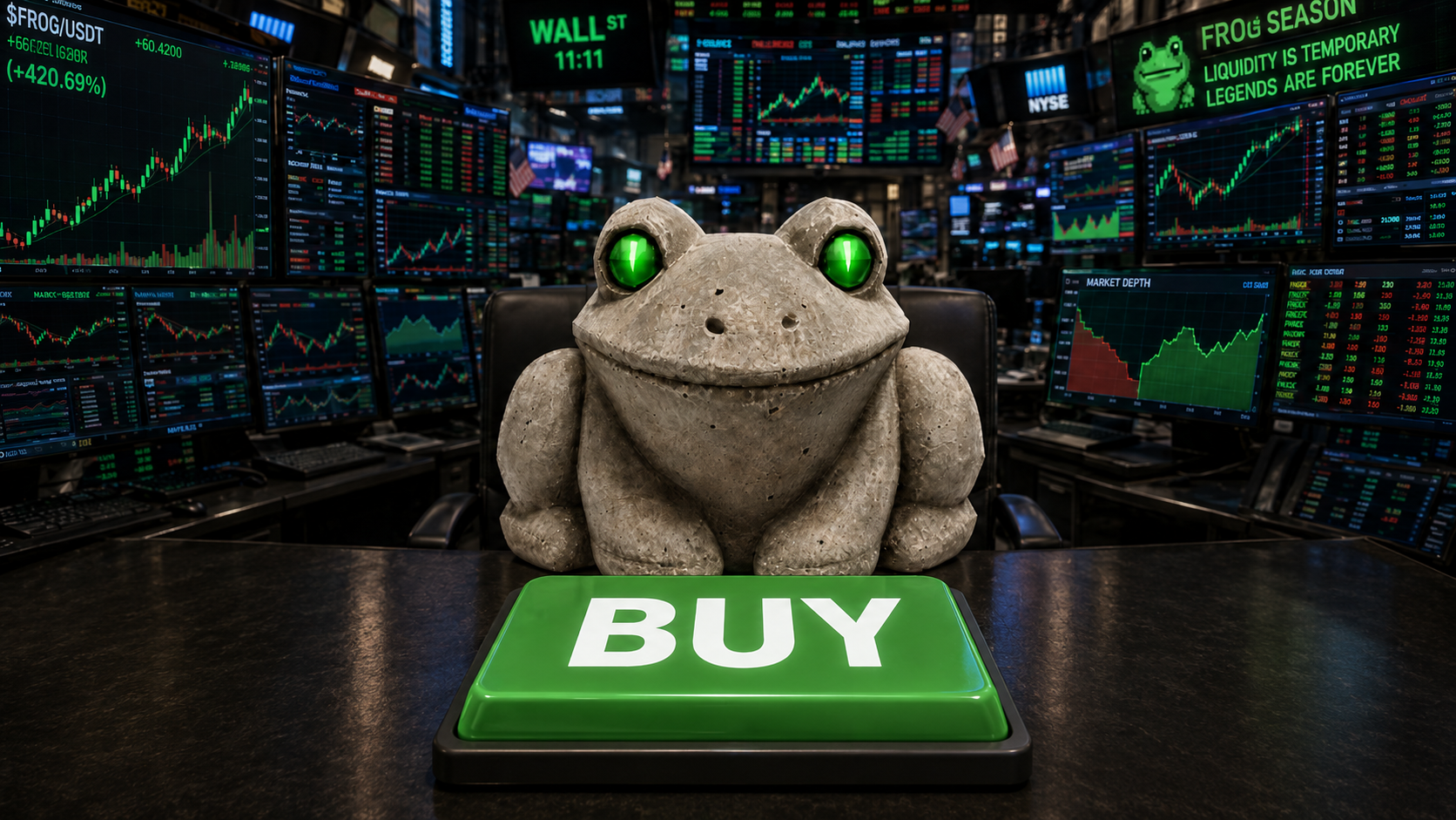 The Black Frock sitting at a Wall Street trading desk in front of a giant green BUY button